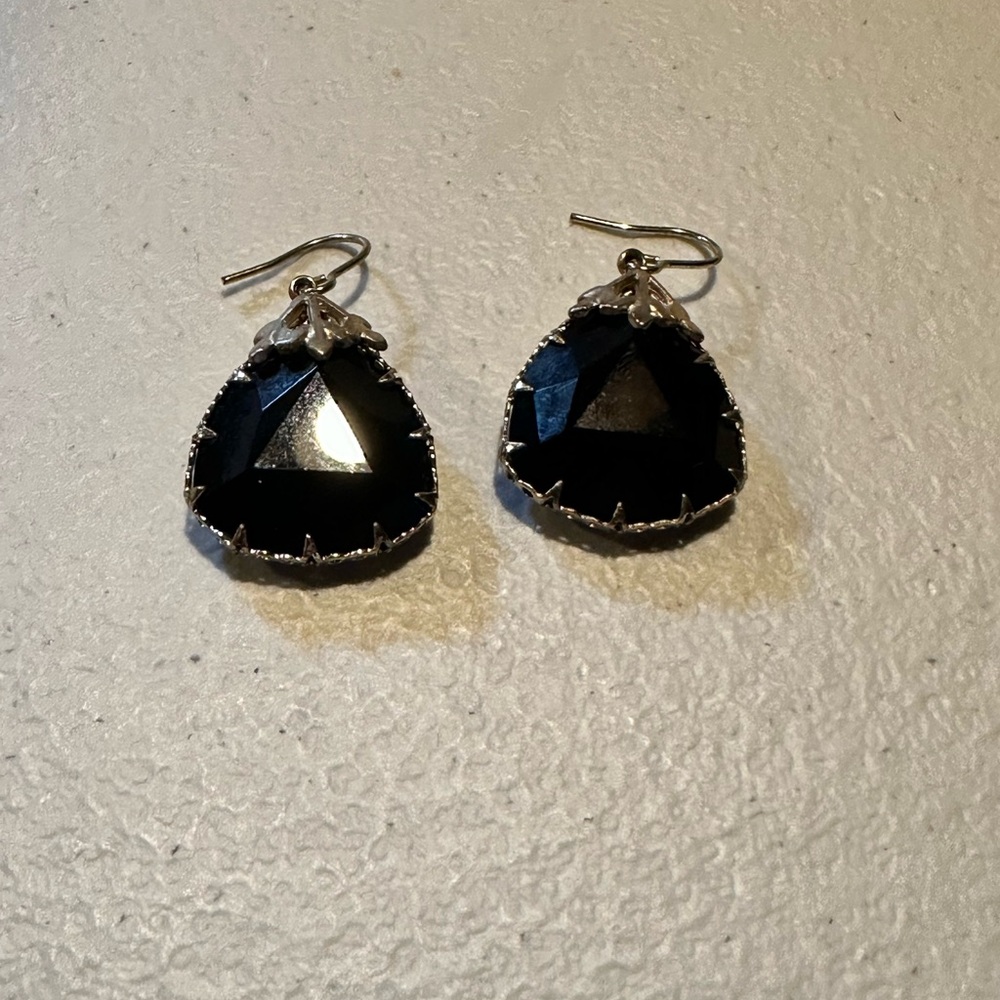Handcrafted, Black Glass, with Gold Frame Earrings